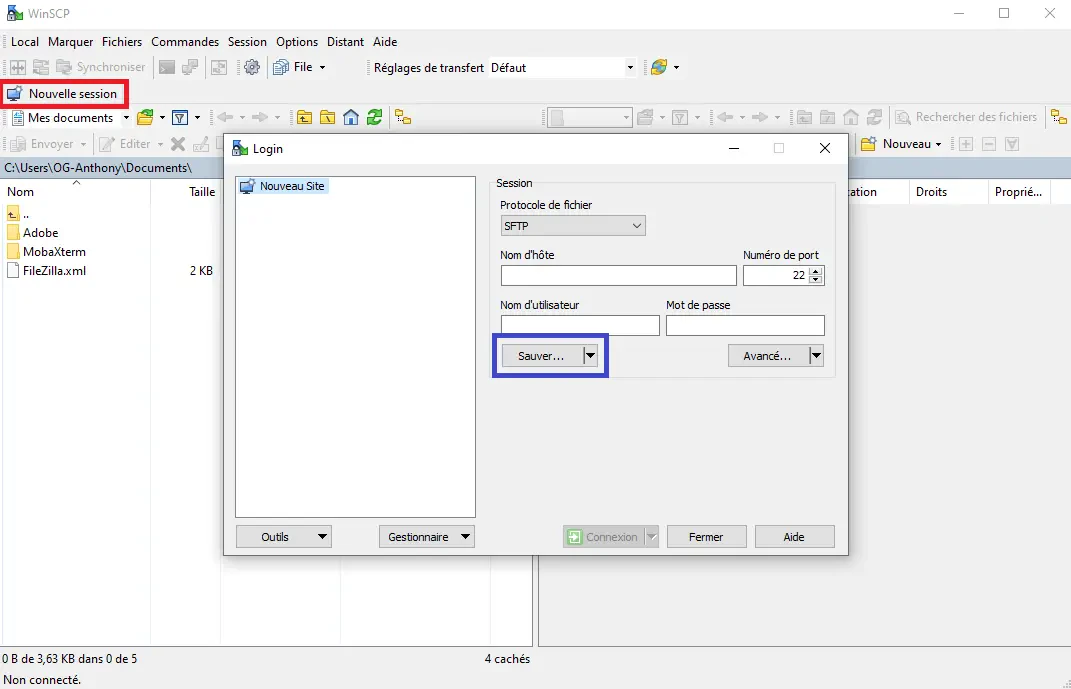 Fenêtre de configuration d'une nouvelle session SFTP dans WinSCP