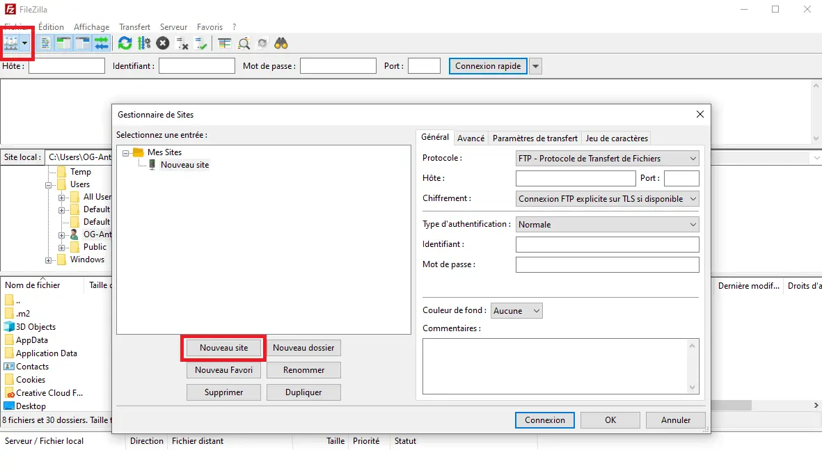 Configuration d'un site SFTP dans le gestionnaire de sites de FileZilla