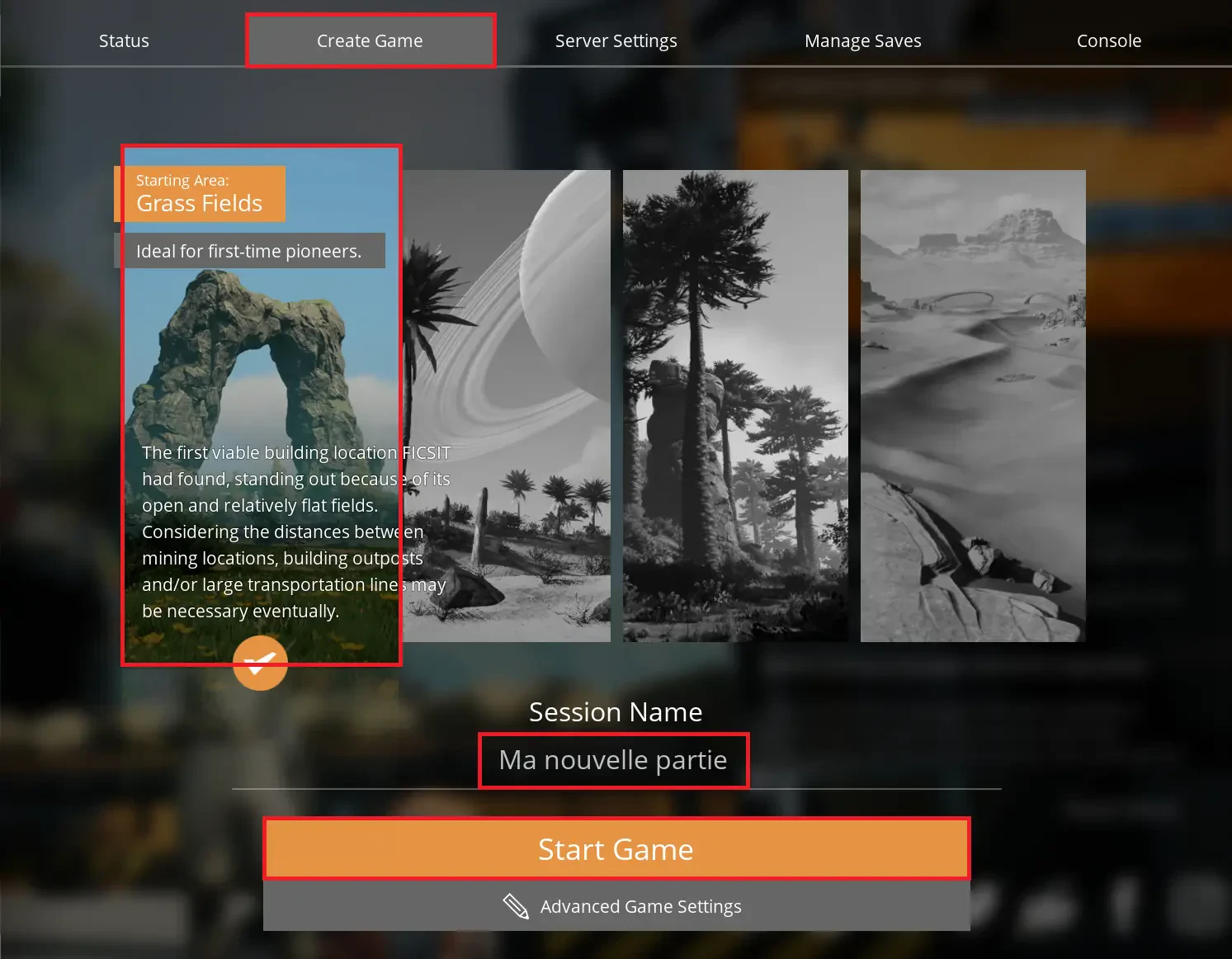 Onglet Create Game pour choisir la zone de départ et le nom de session Satisfactory