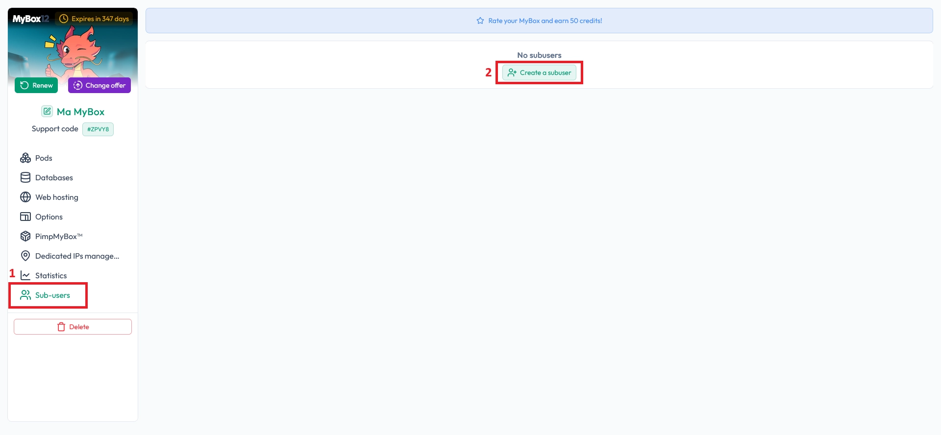 Sub-user management screen with the option to create a new sub-user
