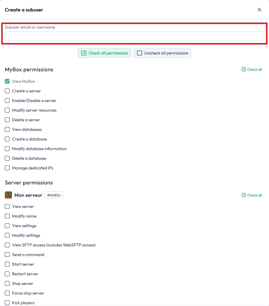 Permission selection window for a MineStrator sub-user with checkboxes and a confirm button