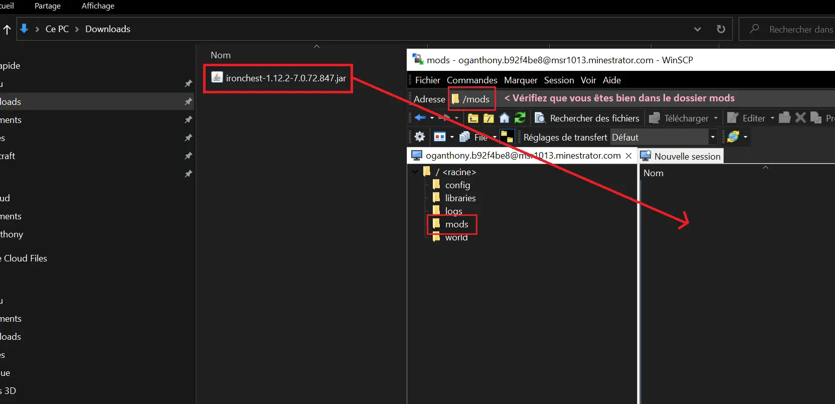 Dossier mods d'un serveur Minecraft affiché dans un client SFTP