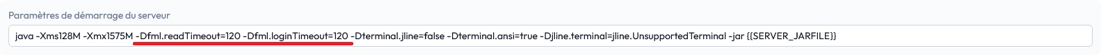 Exemple de commande de démarrage avec les arguments JVM ajoutés entre java et -jar