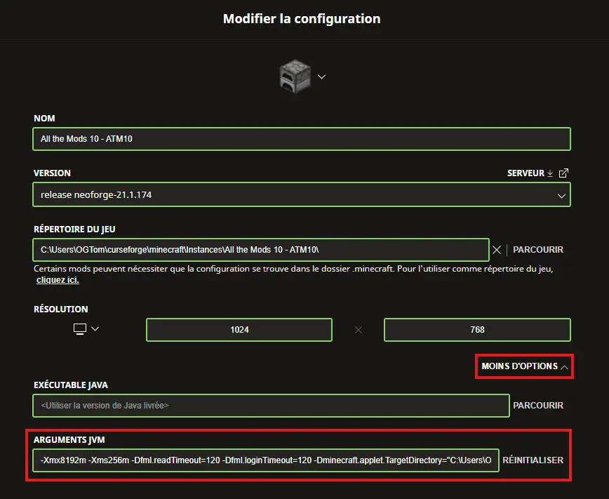 Champ Arguments JVM du launcher Minecraft avec les paramètres de timeout ajoutés