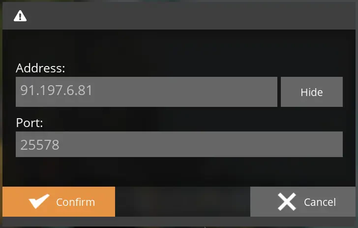 Form to enter IP and port of the Satisfactory dedicated server