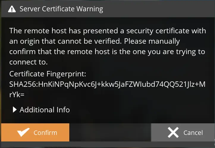 Satisfactory warning about unverified server certificate