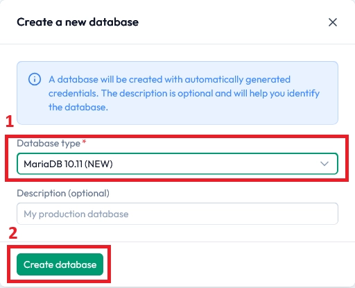 Confirmation screen showing the database was created successfully