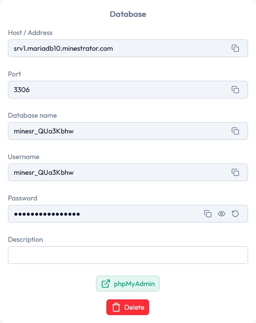 Database details page with phpMyAdmin button and credentials area