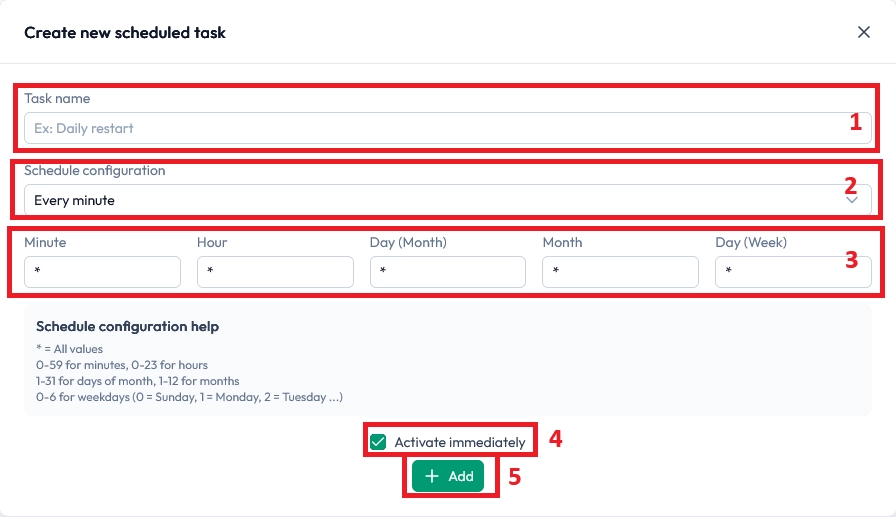 Dialog box for creating a new scheduled task in the MineStrator panel