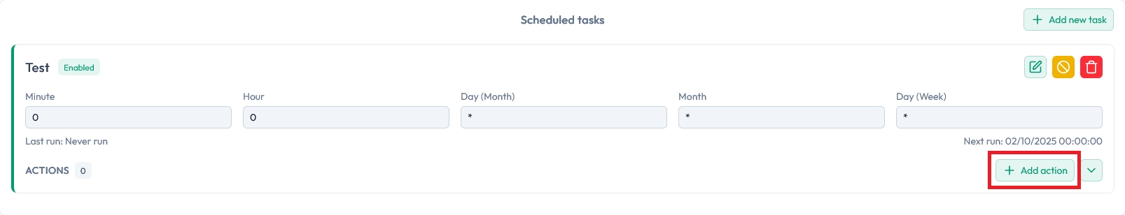Scheduled task view with the Add an action button highlighted
