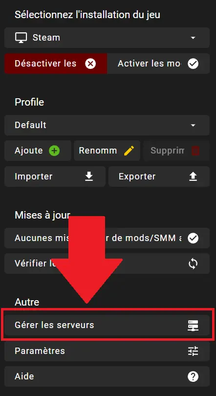 Menu Gérer les serveurs dans SatisfactoryModManager