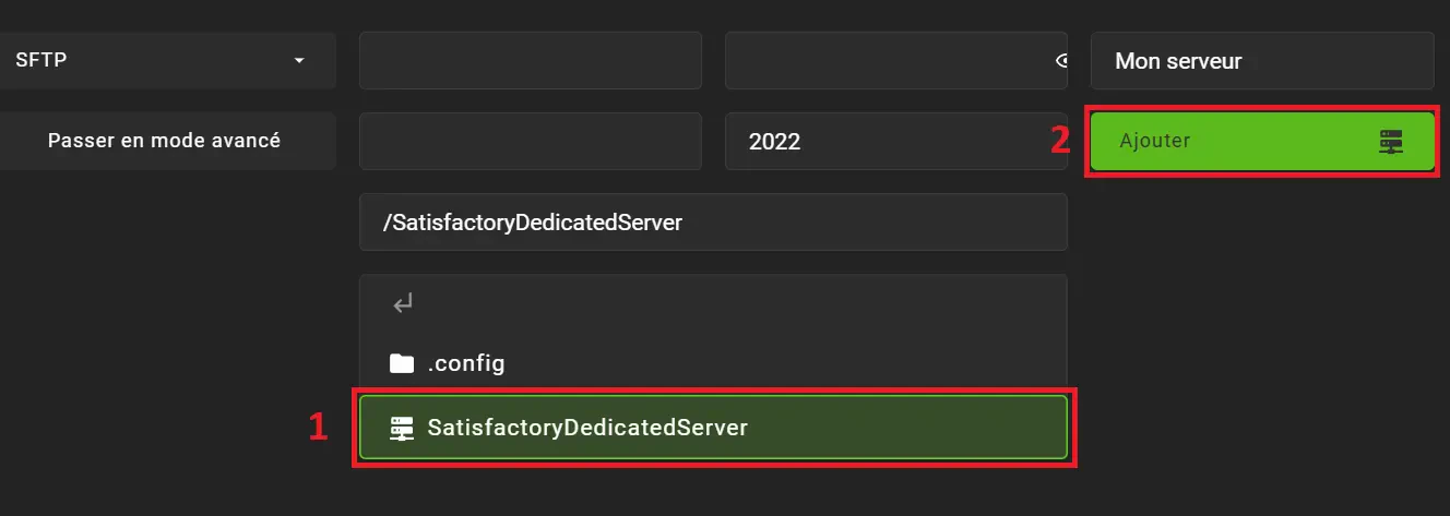 Sélection du dossier SatisfactoryDedicatedServer dans SMM