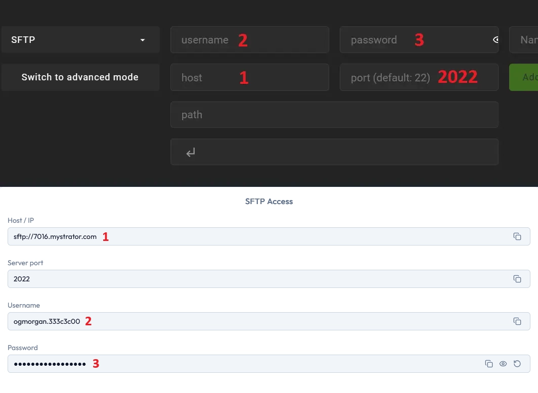 MineStrator panel Access section showing SFTP host, port, username, and password fields