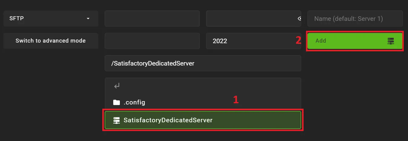 SMM server setup window selecting the SatisfactoryDedicatedServer folder and the Add button