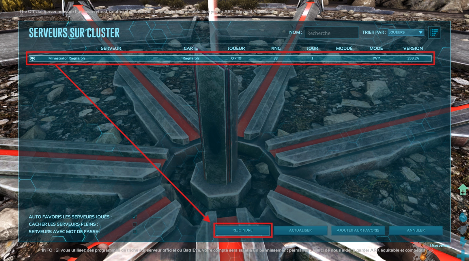 Liste des serveurs disponibles lors d’un transfert de personnage sur un cluster ARK